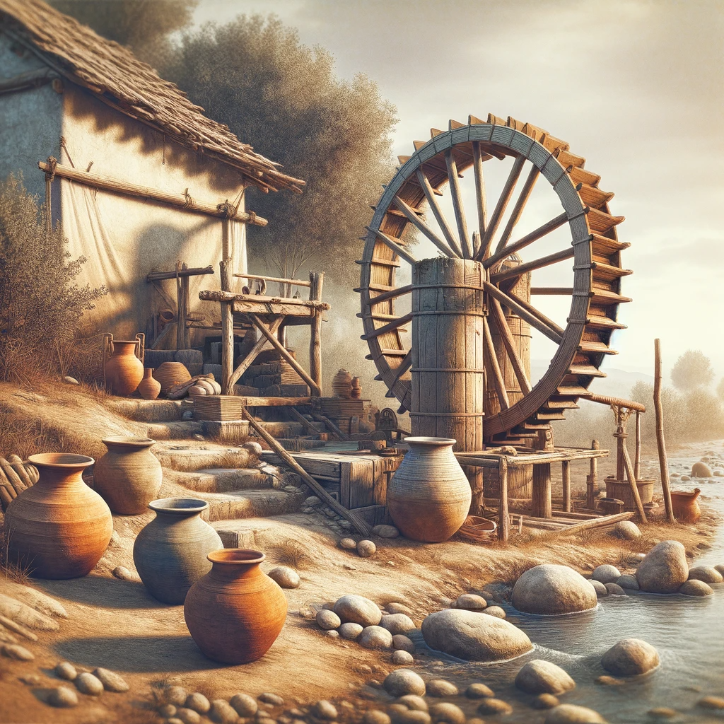 An ancient water-lifting device like a shaduf or water wheel in a historical setting, surrounded by clay pots and stone constructions.