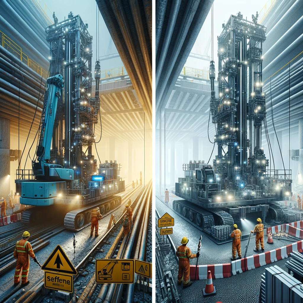 Construction workers in protective gear operating a high-tech drilling rig with safety barriers and warning signs.