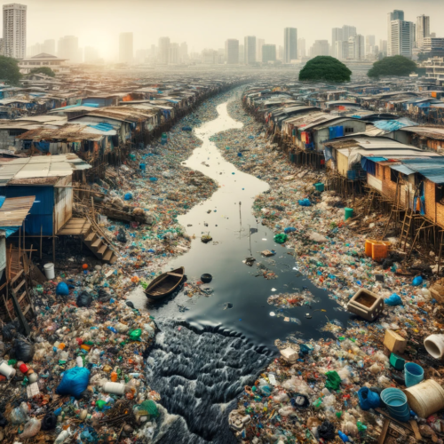 A polluted river in a developing country, filled with plastic waste and industrial effluents, flanked by densely packed informal housing.