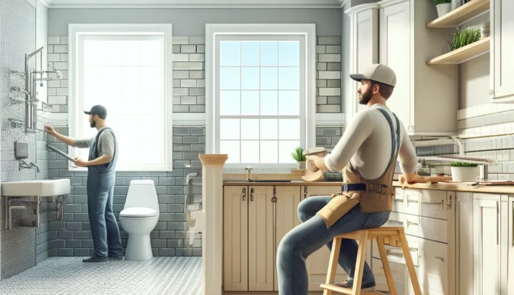 Realistic illustration of a home improvement scene with a professional contractor remodeling a kitchen and another contractor updating a bathroom. The image showcases new cabinets, countertops, modern appliances, tiles, and fixtures in a bright and clean setting.